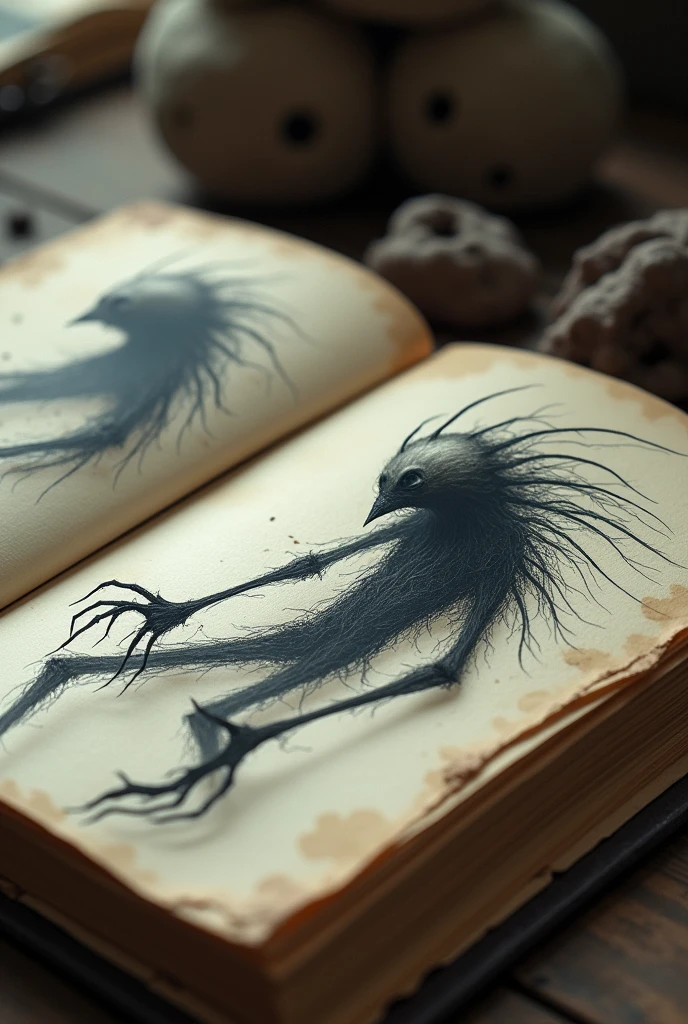 Close-up of journal pages, eerie sketches of creatures. Image ratio 9:16