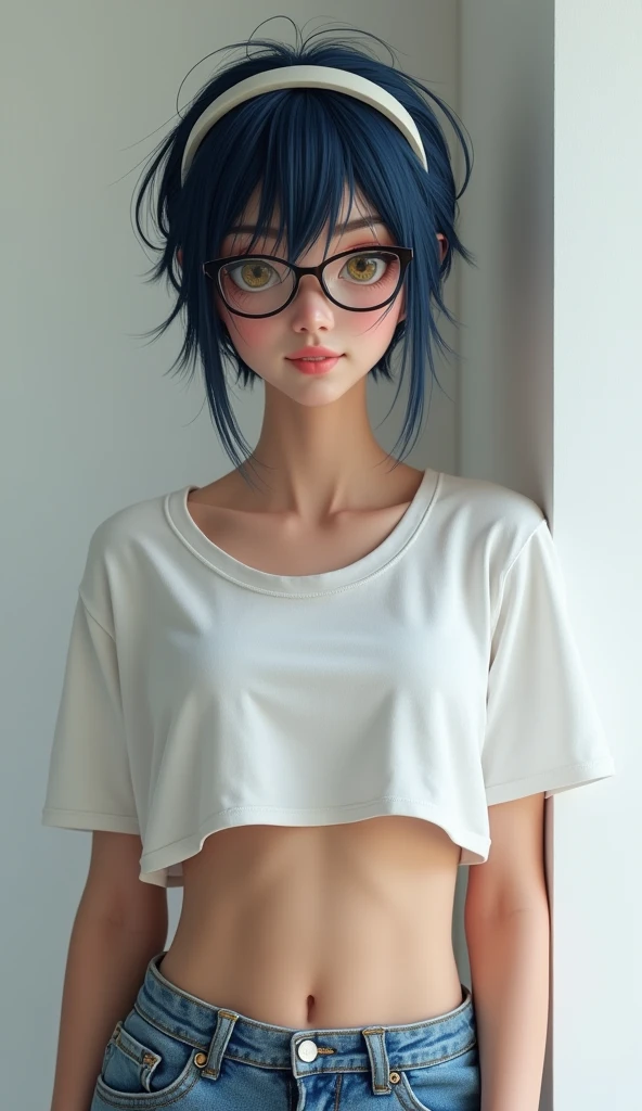 8k, high detailed picture, glam sexy mature woman, (full body shot:1.3), rounded face, very short hair, disheveled dark blue hair, (big yellow eyes:1.3), shy smile, perfect breast, band on head look at you, (ahoge:1.2), (glasses:1.2), (white wall, simple scene, white backgrounds, clean scene:1.4), sashagrey, a long strand of hair from the bangs hangs between the eyes, accurate small snub nose, unbuttoned tight denim short shorts, camel toe, cropped white t-shirt, abs, sneakers