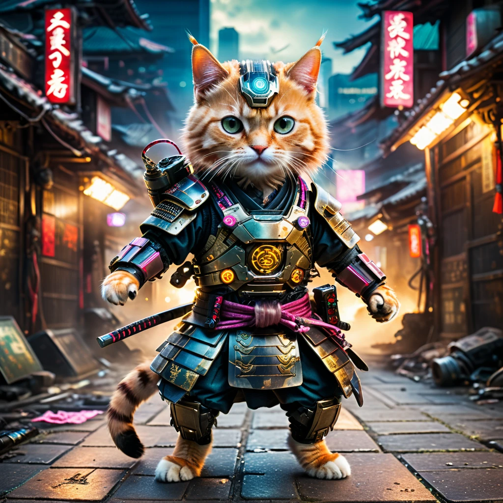 HDR full body shot photo (((The cutest young cyberpunk cyborg samurai cat in exquisite detail)))((Dancing:1.2))((Post-apocalyptic fiction background:1.2)), Detailed eyes, Soft bokeh, (Atmospheric light), (Revealing light and shadow),