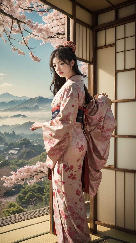 (background:Cherry blossoms on the mountain are covered with mist)((Ukiyo-e))japanese art,or period,tokyo art, lily,Natural landscape.(masseter membrane、top quality、Ukiyo-e style、mystery、Exquisite and beautiful、official art、Sharaku:1.2)、(1 japanese girl in:1.3)、(fractal art:1.3)、stand facing forward、White skin、(beautiful brunette、kimono:1.2)、With Japanese traditional performing arts as the background、colorful、(reel、Belongs to Japanese style:1.2)、