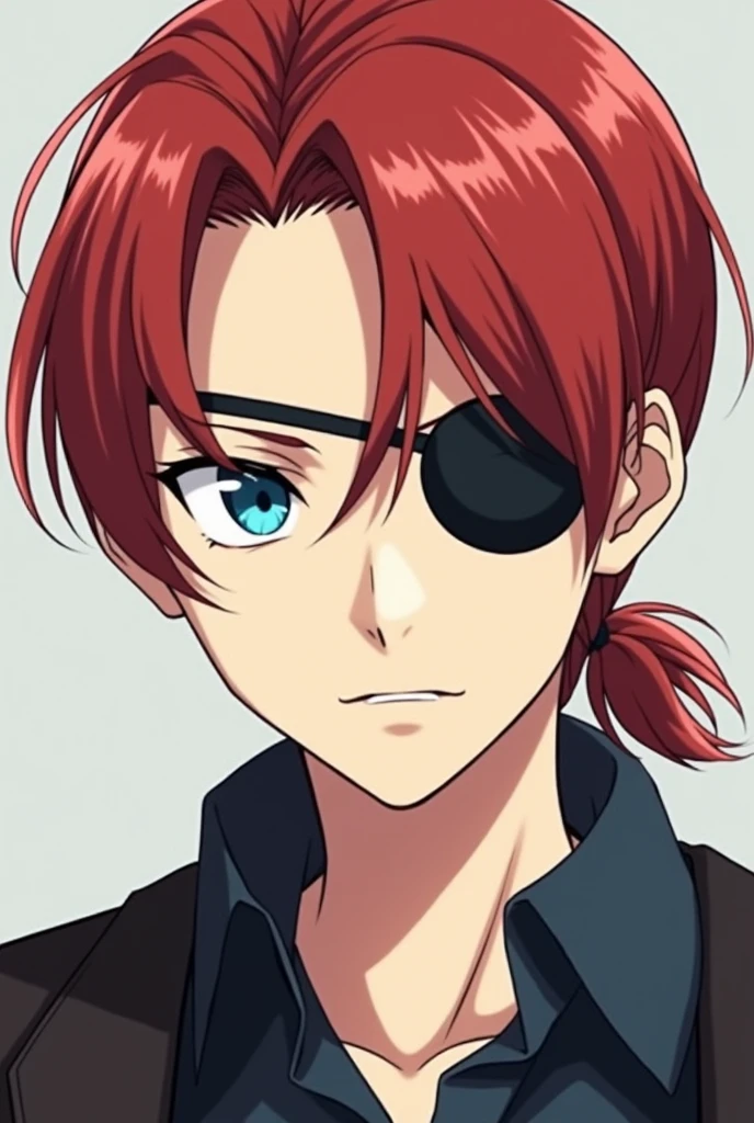 Draw a butler with red hair tied back and an eyepatch on one eye, make him more human, make him a young man with an eyepatch on only one eye, make him look more like an anime character, make him a young man around high school age, don't make him cute, he's a man, it looks good, make his hair a little shorter, don't make him cute, make his eyes glaring, make him a man around high school age, and change his eye color to a dark blue