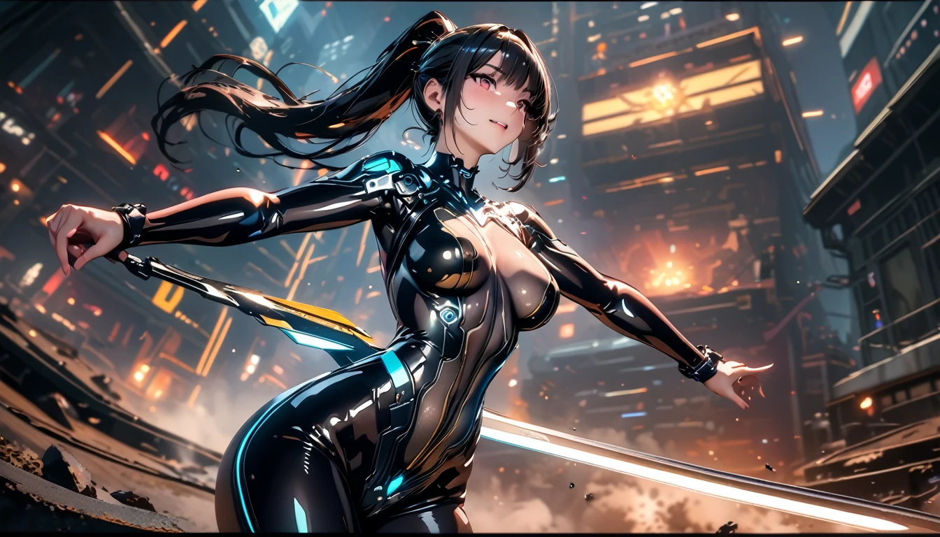 Raven from stellar balde, 1 woman，masterpiece, 8K quality, Sexy sci-fi girl, dynamic sexual pose, (cute face), black hair, Ponytail, shiny tight blue-black bodysuit, cyberpunk, Amateur photographer, korean facial features, subsurface scattering, granularity, Very detailed skin texture, high quality, 35mm photography, granularity, hips, professional, 4K, very detailed, stellar blade in hand, blade, cowboy shot, brilliant, brilliant hair, (night:1.2),Dreamy, [[gentle fingers and hands:0.55]::0.85],(detailed fingers),),(emotional),(breathtaking),(main part:1.2) whole body.), (Anime Style), (Super Detailed), (brutal), (uhd, HDR), (8k), (High Resolution: 1.2), (Complex and Beautiful: 1.2),(emotional),(breathtaking),(main part:1.2) whole body.), (Anime Style), (Super Detailed), (brutal), (uhd, HDR), (8k), (High Resolution: 1.2), (Complex and Beautiful: 1.2)