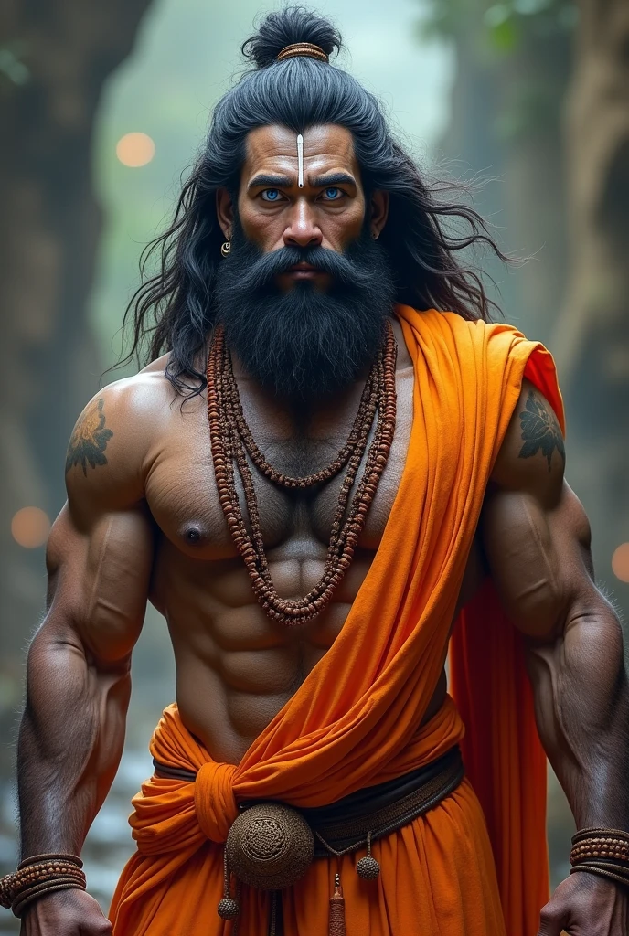 Create a lord Hanuman, Bajarangbali full HD powerful image. Blue eyes and six pack background blur. Full body Hanuman. Cloth orange color. Hanuman and monkey chik face mix. Gale mein Rudraksh and hand mein Rudraksh.