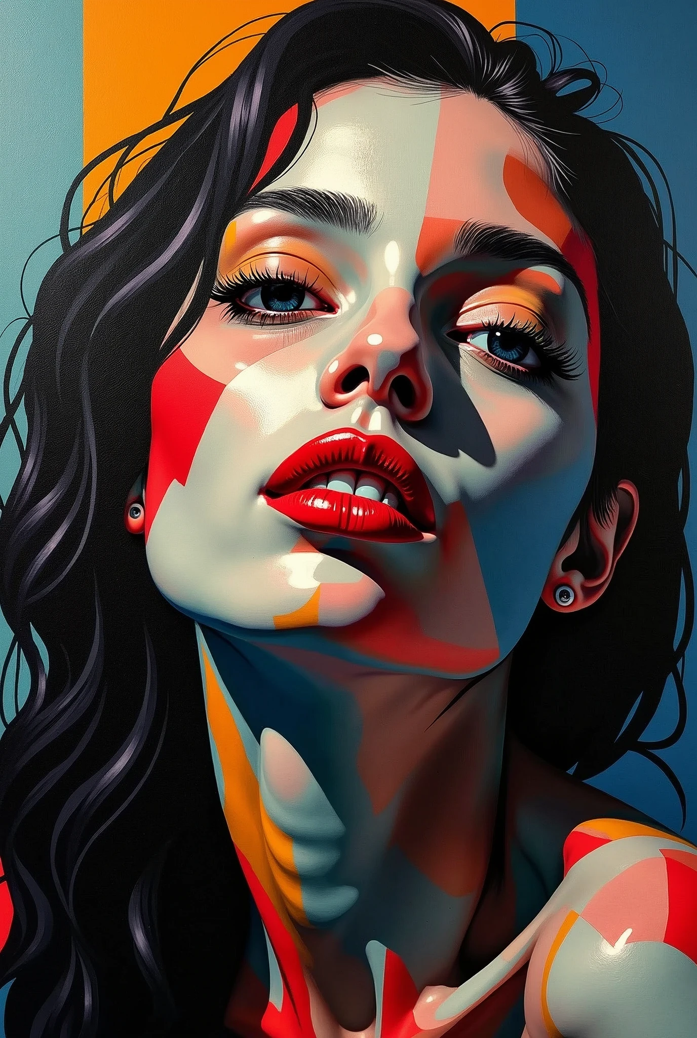 a cubist portrait of a woman, photorealistic, highly detailed, oil painting, intricate geometric shapes, sharp contrasting colors, dynamic composition, striking emotional expression, dramatic lighting, surreal atmosphere, masterpiece