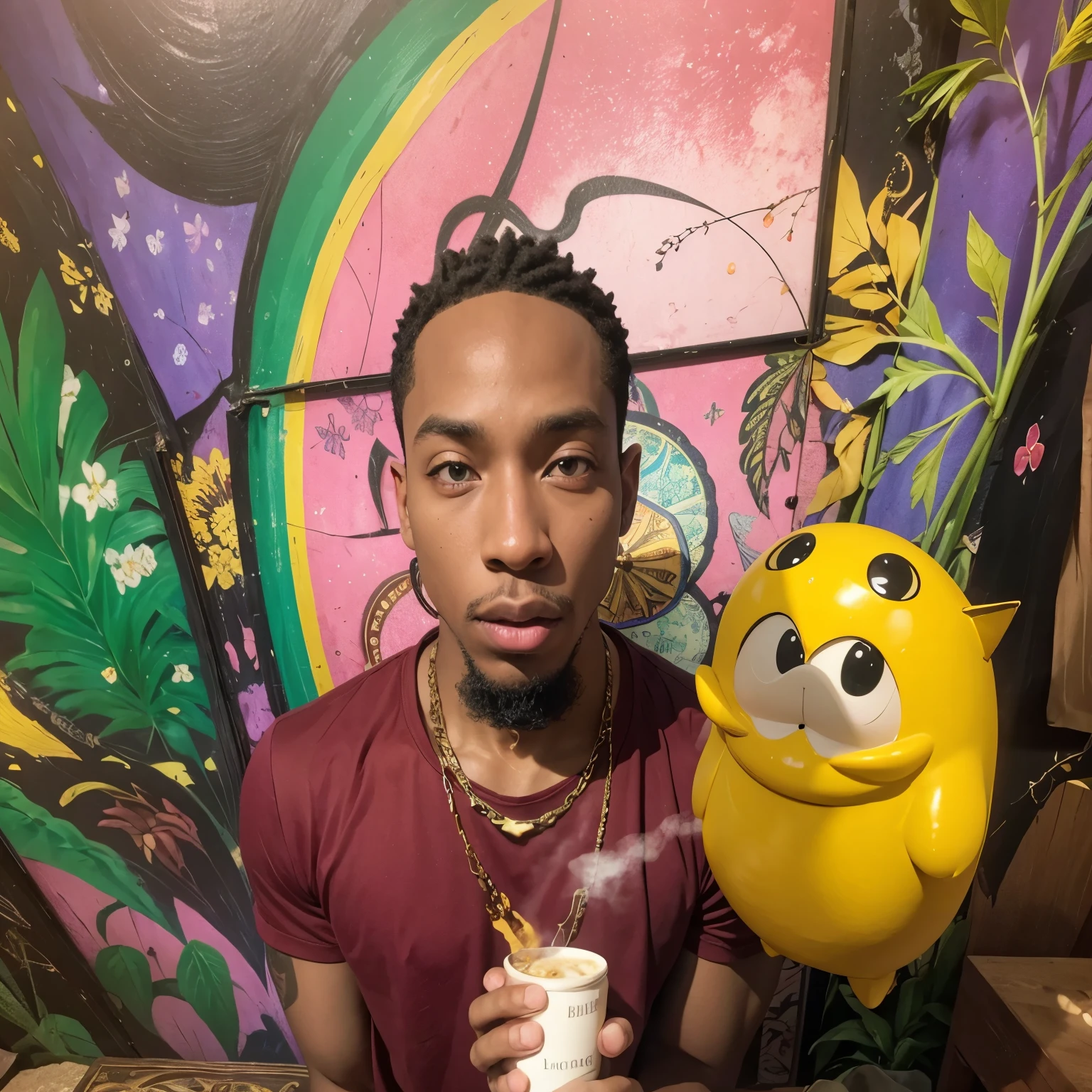 1 black man holding a flat face smoking weed, magical realism, cinematic lighting, moody atmosphere, dramatic shadows, intricate details, (best quality,4k,8k,highres,masterpiece:1.2),ultra-detailed,(realistic,photorealistic,photo-realistic:1.37),chiaroscuro,dramatic composition,intense colors,dramatic backlighting,volumetric lighting,surreal,mystical,dark fantasy