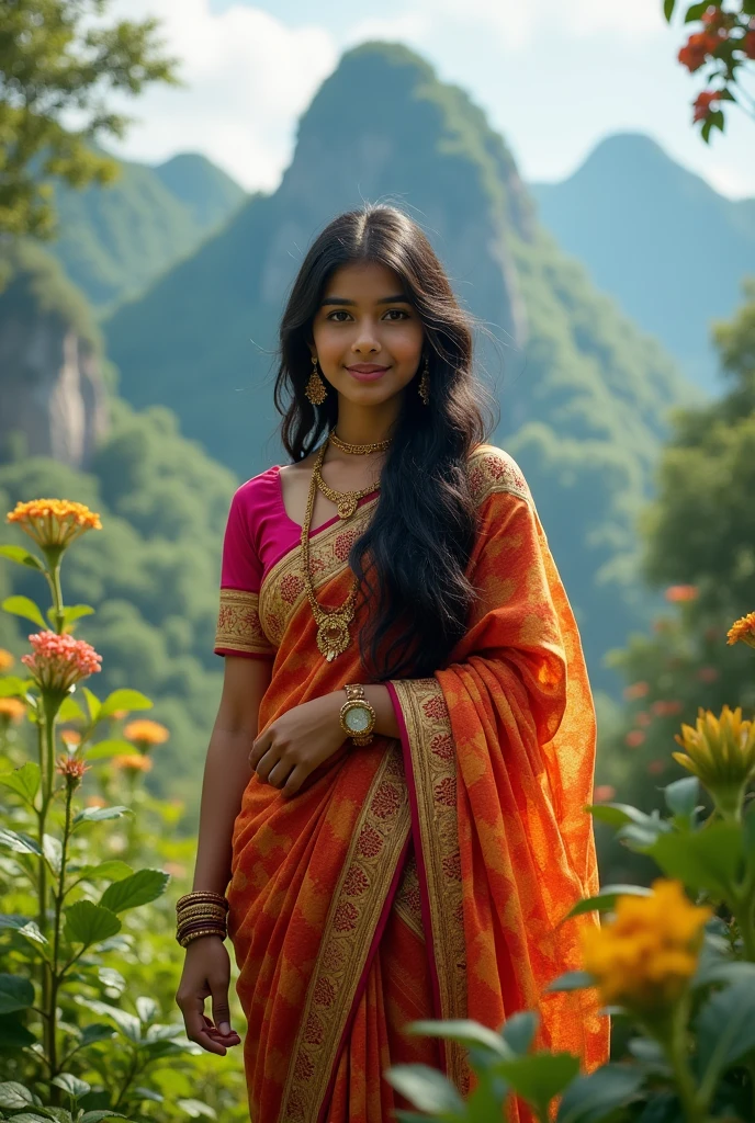 Indian girl in saree at beautiful nature place