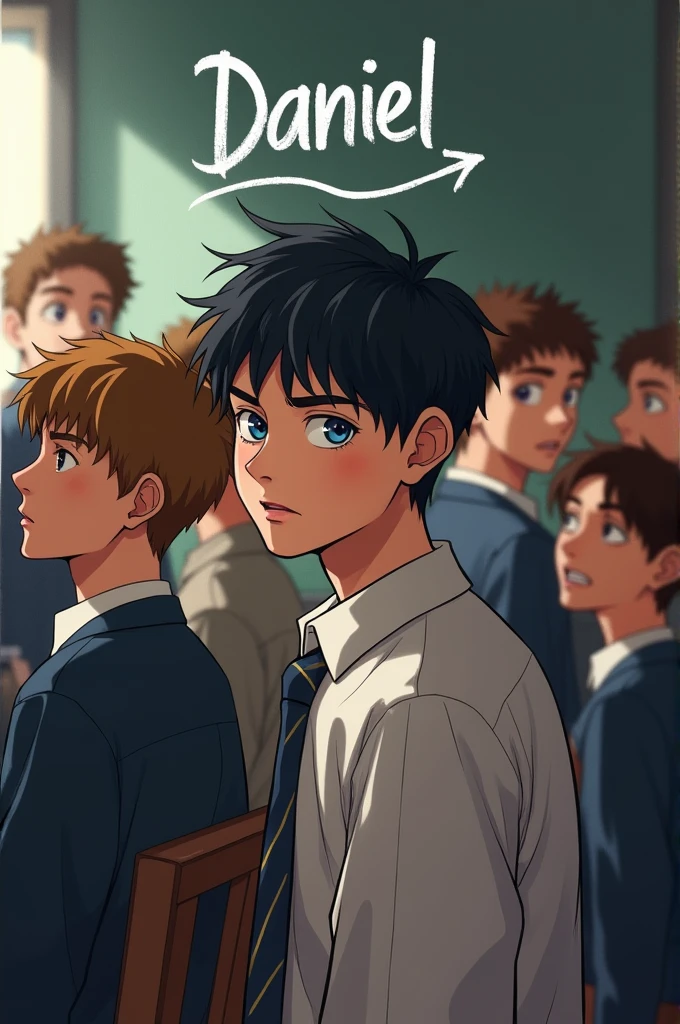 A group of all male agers sitting in a classroom wearing school uniforms, all with different personalities and appearances while they are turning on their torsos looking back with curious or lustful expressions while looking back, some young people whispering in the background. A young man in the back of the room should be seen with light skin, Blue eyes and dark hair, This must have the word "Daniel" arriba de su cabeza en letra bastante pequeña y una tipografía de pizarra ademas una flecha emergiendo de la palabra curveandose para apuntad hacia hacia el mismo adolescente de Blue eyes and dark hair