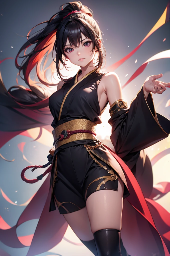 masterpiece,best quality,extremely detailed CG,ultra-detailed,1woman,ninja,elaborately designed japanese style clothes,skinny,ponytail,multicolored hair,open stance,serious,sleeveless,over-kneehighs,