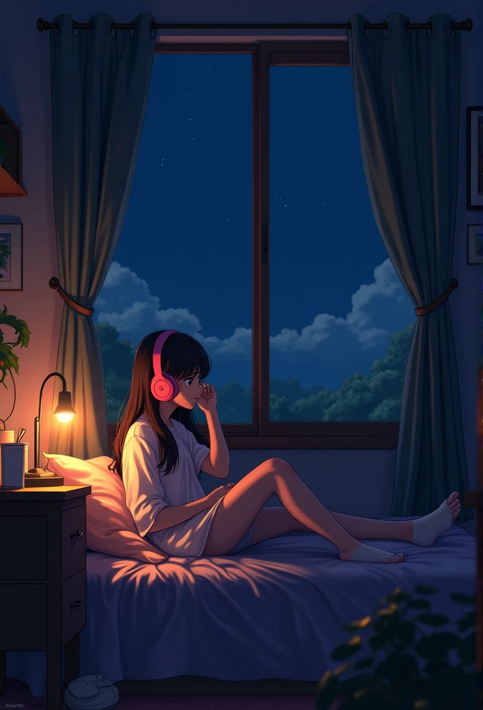 night、High school girl listening to music in a cozy room, Use headphones, 2D Style Anime, Lo-Fi, hard disk, Dark Environment