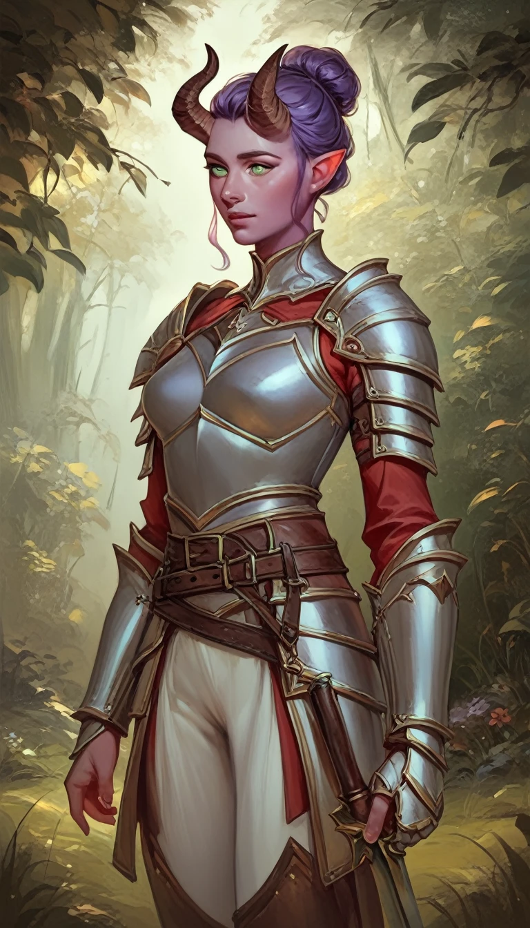 A fat purple-skinned tiefling female,Brown horns,Purple hair,Hair Bun,Frontal image,Green eyes,3/4. Body,Behind it is a wood,Warrior Outfit,Red and white armor