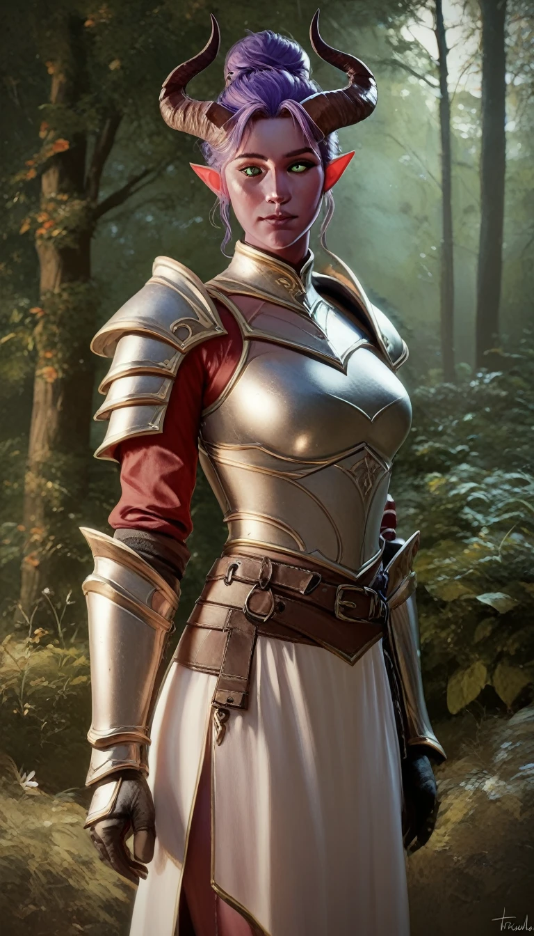 A fat purple-skinned tiefling female,Brown horns,Purple hair,Hair Bun,Frontal image,Green eyes,3/4. Body,Behind it is a wood,Warrior Outfit,Red and white armor