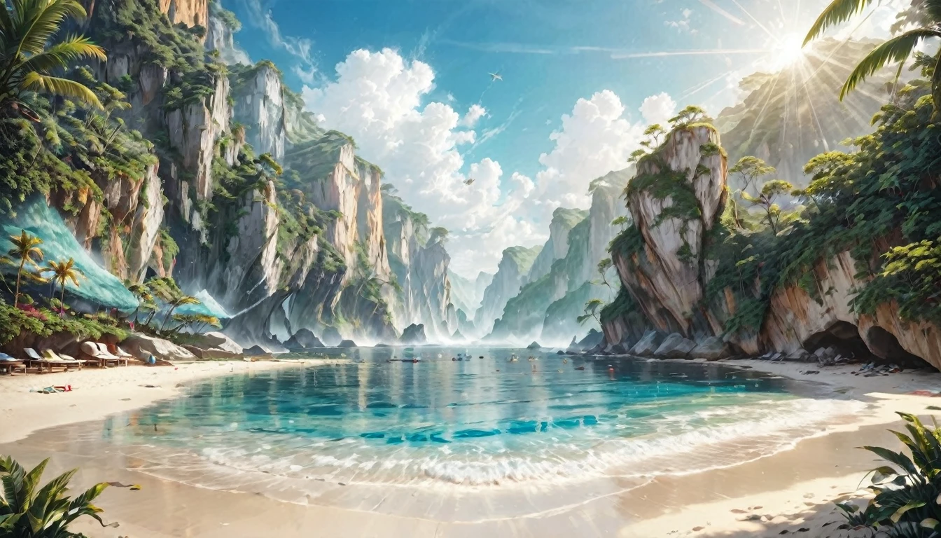 Ultra-realistic water splashes, Realistic summer beach、reality、RAW Photos、(ultra-Detailed Background, Detailed Background), Absurd, High resolution, Super detailed, Very detailed,shine,Complex、