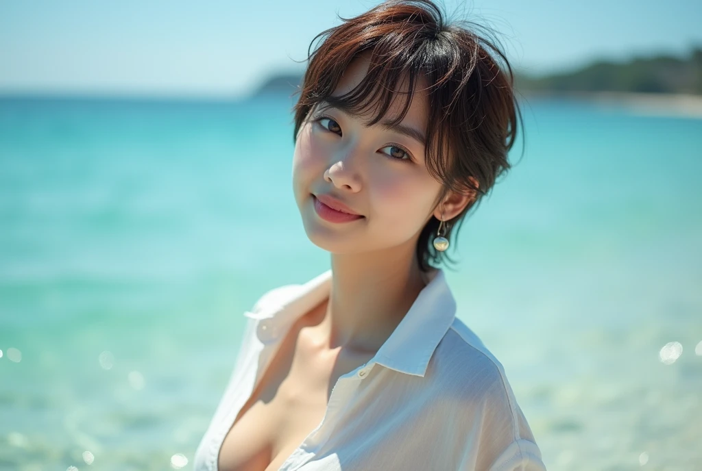 8k,RAW photo, ultra high res, realistic photo, Under bright sunlight, featuring a skinny young Japanese singer not wearing makeup and very small breast, with pixie brown hair, sun tanned skin, leaning backward in the blue sea, wearing a low-cut white airy relaxing wet long shirt, she is soaking up to her waist, looking at camera, the collar of shirt slipped down from one side, leaving her chest loose. her nipples slightly visible through the shirt, seducing smile, nsfw