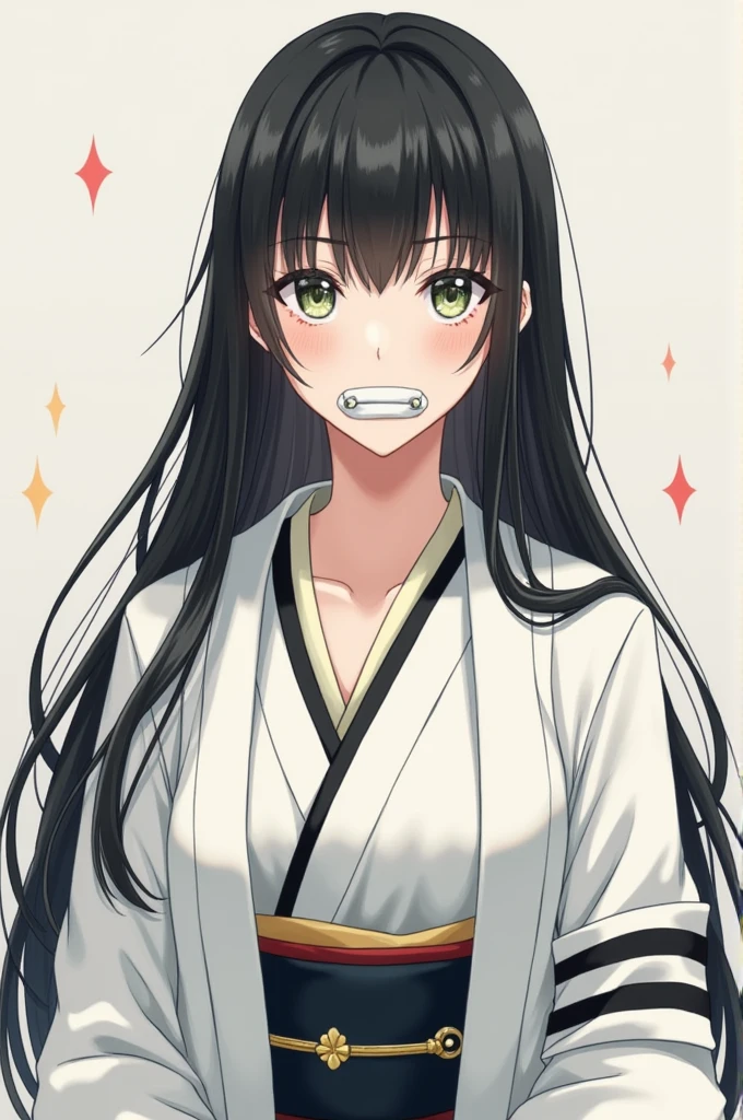 Long black haired girl with greenish-gray eyes white haori with black stripes white mouth band Kimono uncovered in the middle of the chest