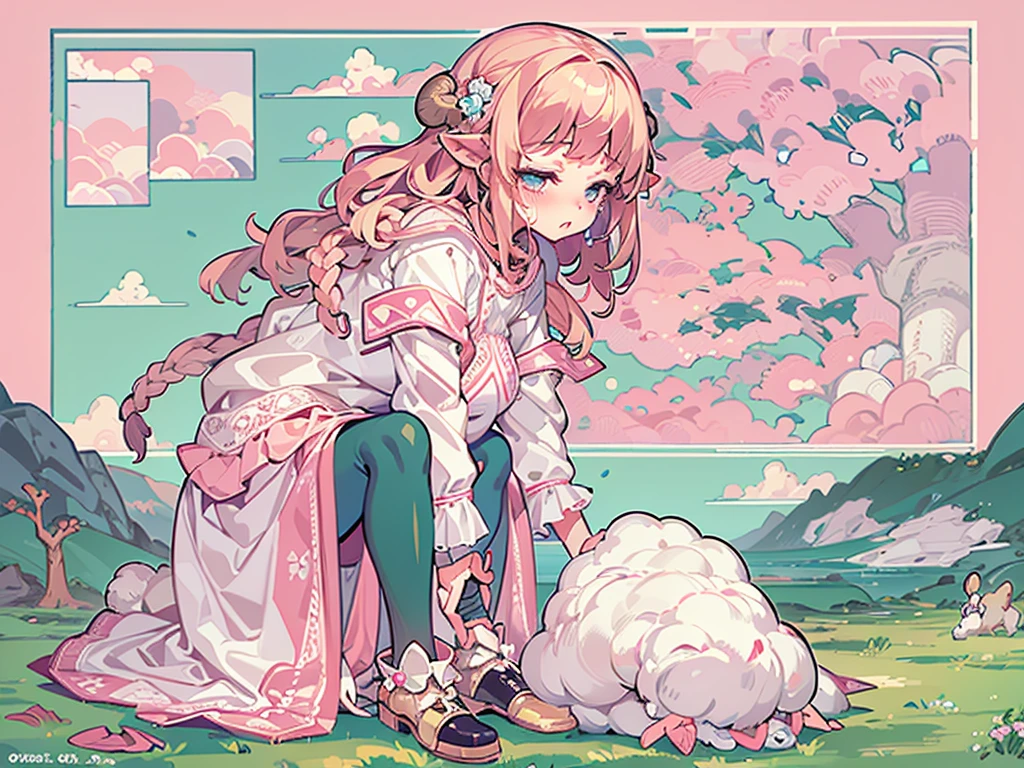 masterpiece, Highest quality, 8k, Pixel Art, cute, Vivid, Sheep, young woman, crying with eyes open, ((@ @:1.3)), I&#39;m worried, Open your mouth, Metropolis, Looking at the map, Full body portrait, (Fluffy pink hair:1.3, Long Hair, Sheep-like hair:1.2), (Thick eyebrows), one piece, Pink clothes, Long skirt, cardigan, 水色のcardigan, shoes, 茶色いshoes, I&#39;m lost, carry case