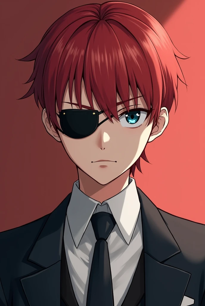 Draw a butler with red hair tied back and an eyepatch on one eye, make him more human, make him a young man with an eyepatch on only one eye, make him look more like an anime character, make him a young man around high school age, don't make him cute, he's a man, it looks good, make his hair a little shorter, don't make him cute, give him glaring eyes, make him a man around high school age, make his eye color a dark blue and give him single eyelids