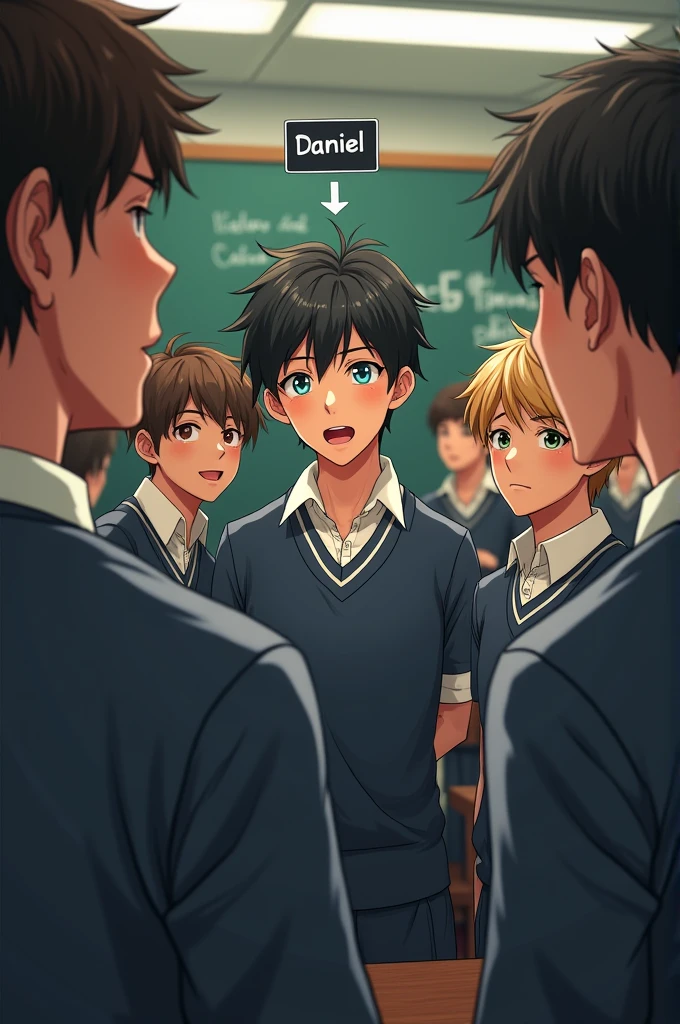 A group of all male teenagers sitting in a classroom wearing school uniforms, all with different personalities and appearances while they are turning on their torsos looking back with curious or lustful expressions while looking back, some young people whispering in the background. A young man in the back of the room should be seen with light skin, Blue eyes and dark hair, This must have the word "Daniel" arriba de su cabeza en letra bastante pequeña y una tipografía de pizarra ademas una flecha emergiendo de la palabra curveandose para apuntad hacia hacia el mismo adolescente de Blue eyes and dark hair