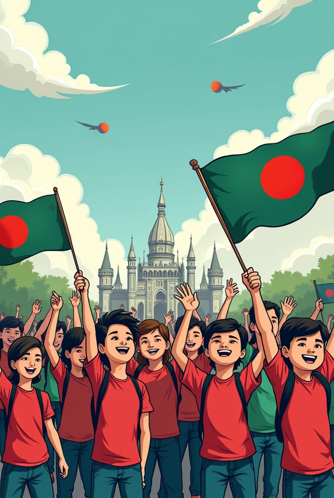 Super simple drawing of cartoon students of bangladesh who took over bangladesh from corrupt government and celebrating while holding flags while the martyrs are watching them from the clouds
