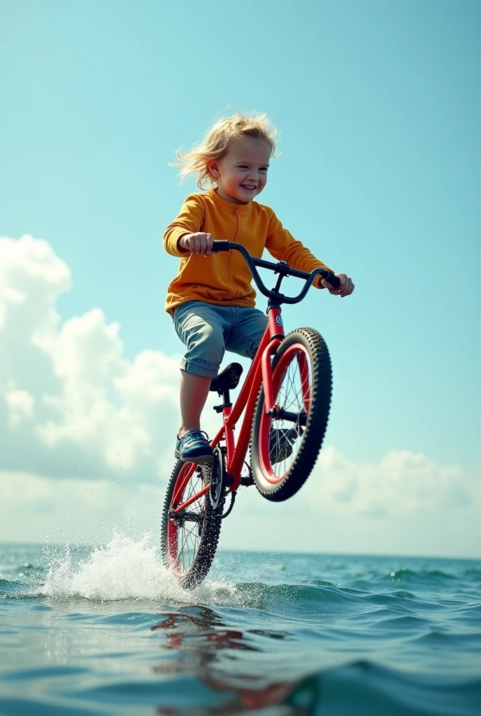 A child doing a wheelie on a red bike in the middle of the sea