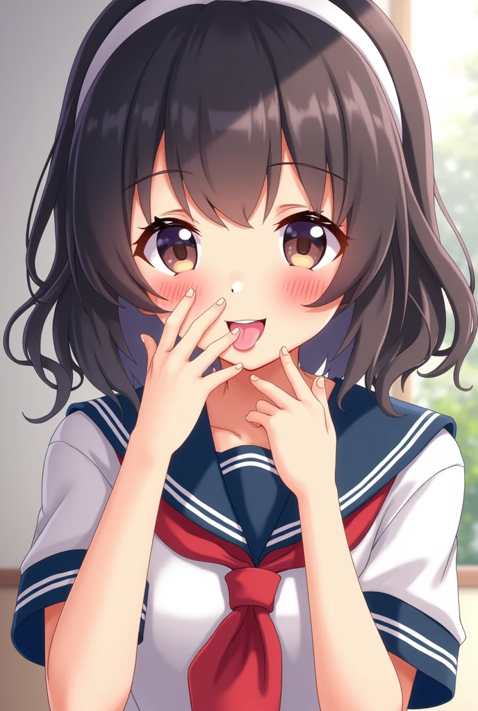 (Japanese women)(Young age)(Wearing a sailor uniform)(Sticking out tongue)(Baby Face)