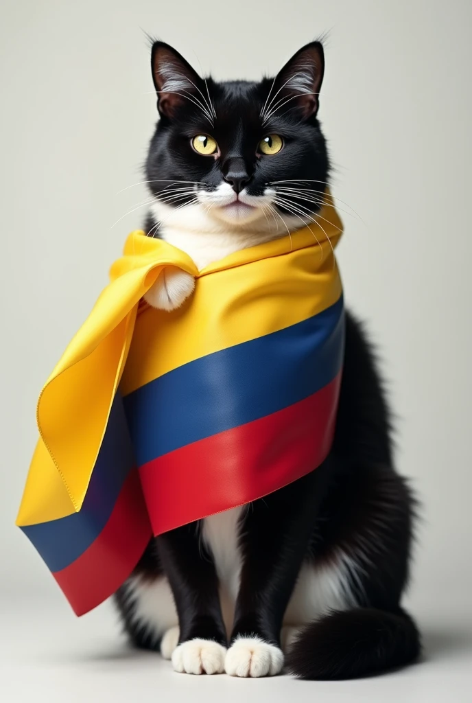 A black and white cat holding the flag of Colombia