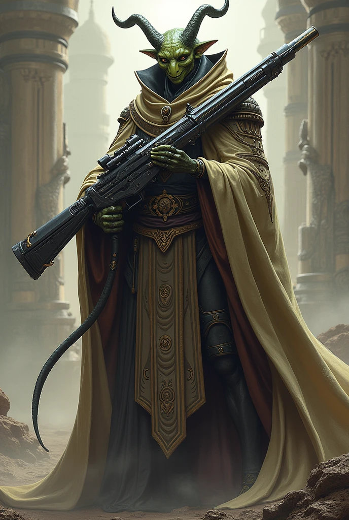 Xebra man wearing a cool robe holding a long-barreled gun