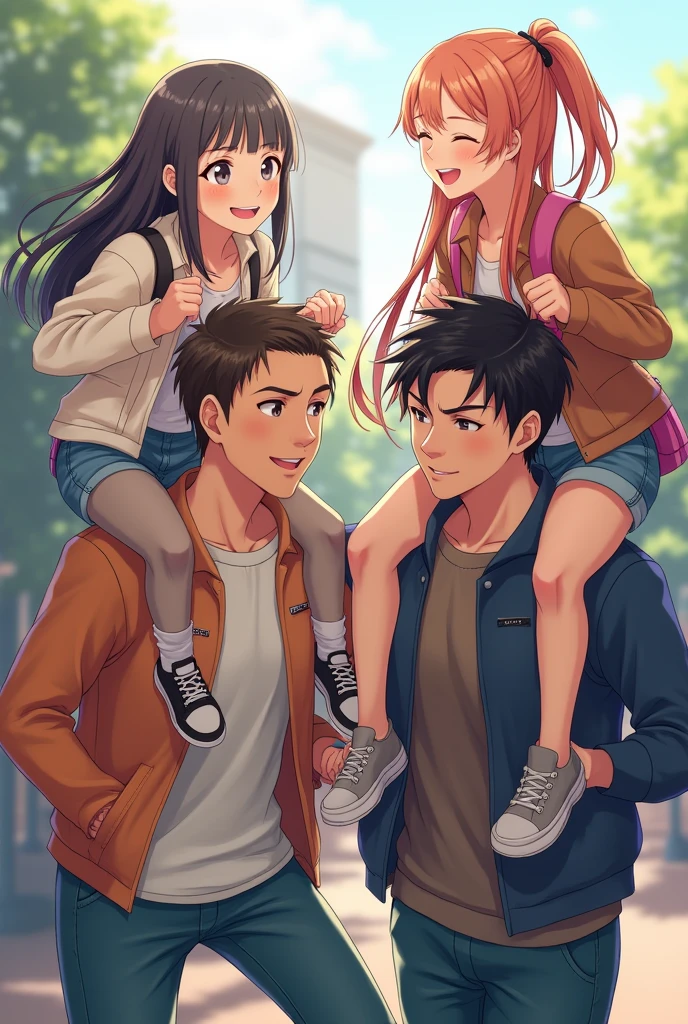 College girls sitting on boys shoulder 
