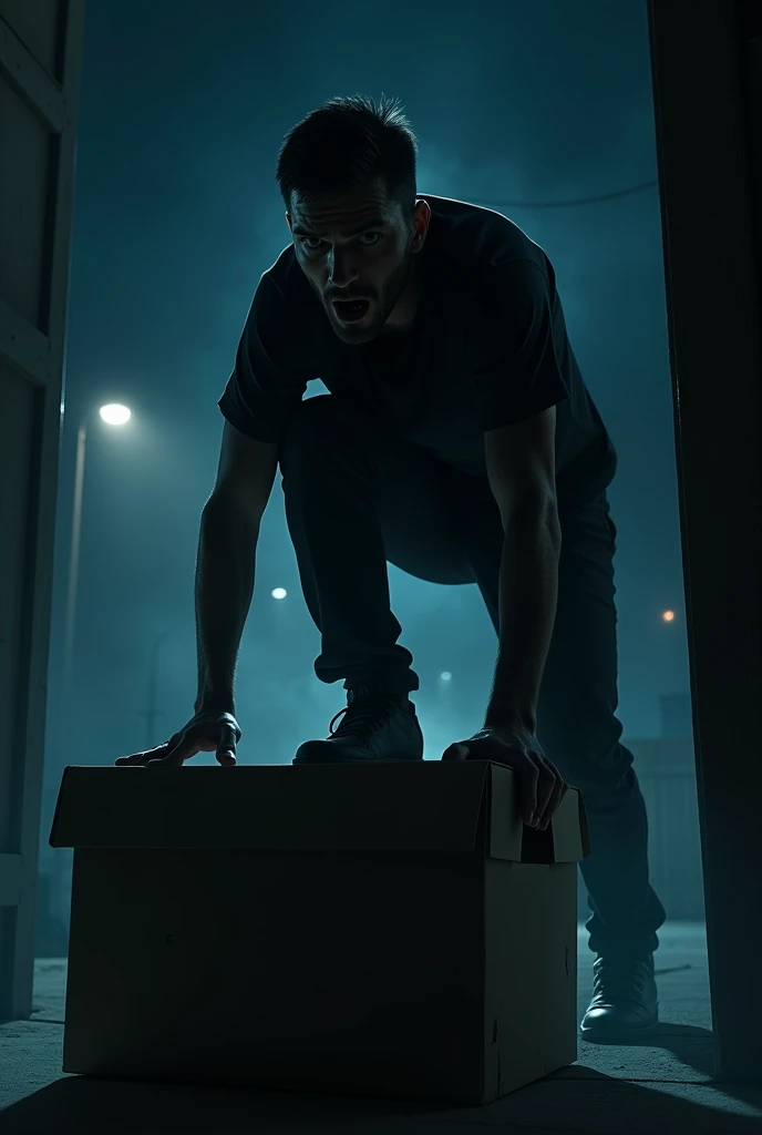 Man climbing on top of a box in fear at night in the dark
