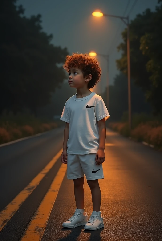 A boy with curly hair wearing white Nike clothes on a dark road background