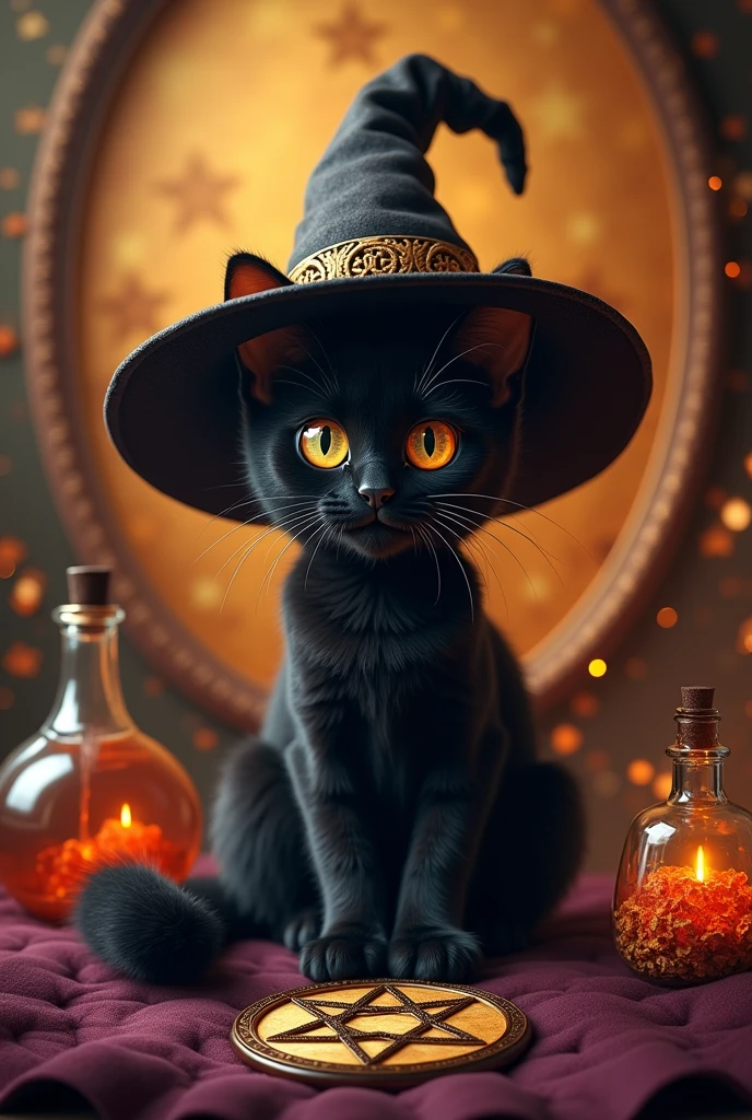 a cute black cat wearing witch'shat, in the style of dark amber and, hyper-detailed portraits, gothic fairytales, ethereal landscapes, hat, no humans, witch hat, cat, candle, animal focus, animal, pumpkin, indoors, black headwear, wiccan artifacts, hyper-detailed,ultra-realistic, 8k,ultra-realistic, hyper-detailed, 32k uhd, (Background is Luxury witches room and magic room) Magic Items, Magic Bottle, Large Magic Bottles, Elven Magic Bottle, Fairy Magic Bottle, hexagram, Crystal Magic,