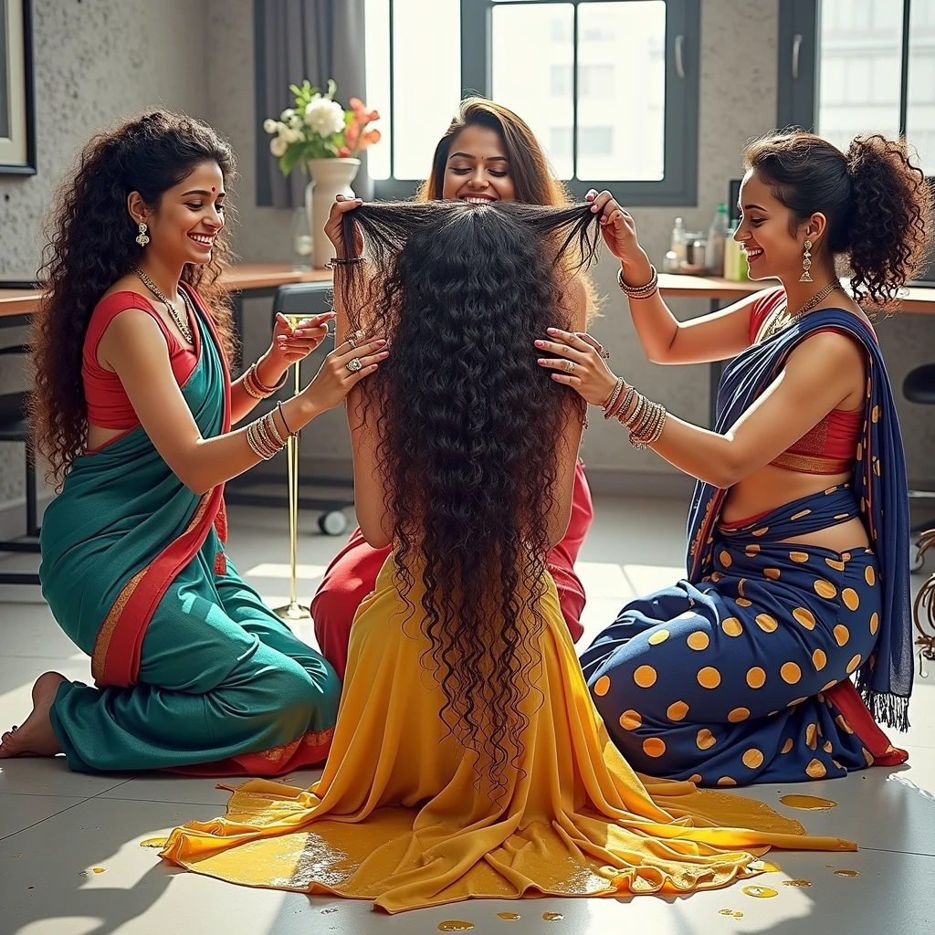 (best quality),in luxerius office items sorrounded bright lighted modern indian office,four middle age indian ladies named Mina,Vina,Ruba and Lina,All four ladies in sarees and having perfect curvy figures as in image prompt,All of four ladies having same 3c curly hairs like very long springed black color thick noodles those which can reaching up to their knee level as detailed in image prompt,Mina and Vina already had a oil bath all over thier hairs and at the moment styled their 3c curly hairs in to slick back big hair bun as in image prompt,Mina' and Vina' hairs like oil pulpted hair buns as in image prompt,Both Mina and Vina kneeling and helping to Ruba to get oil bath,Ruba is the one getting oil bath at the moment as in image prompt,Ruba is in kneeled and tilted little back and getting oil bath as in image prompt,Ruba's heavy volumed rapunzel 3c curly hair is runnning down in one stream and spread over the floor as in image prompt,She already had bath from one oil pot and this is the second oil pot she is getting bath as in image prompt,As of second oil bath:Ruba' 3c curls totaly drenched with loads of oil,Ruba while getting oil bath she shows her long tongue keeping her mouth open(show me your tongue out,long tongue:1.2) as in image prompt,Mina kneeled behind to the Ruba and she is helping back tilted ruba to get oil bath as in image prompt,Lina is the one who is making sexiest moment,Lina also having 3c curly hair like Ruba,As detailed in image prompt she already had a oil bath before and in the moment she has awaken her sensual feeling towards Ruba,At the moment Lina kneeled and bend over towards Ruba to make wild kiss showing her tongue out(show me your tongue out,long tongue:1.3),Vina kneeled and pouring oil to the Ruba' head hodling a large oil pot and oil flowing through Ruba' curls as in image prompt,meanwhile Vina is grabbing lina's hair and pulling back as in image prompt,(Perfect relevent tongue' actions as in image prompt),((Perfect Color Grading))