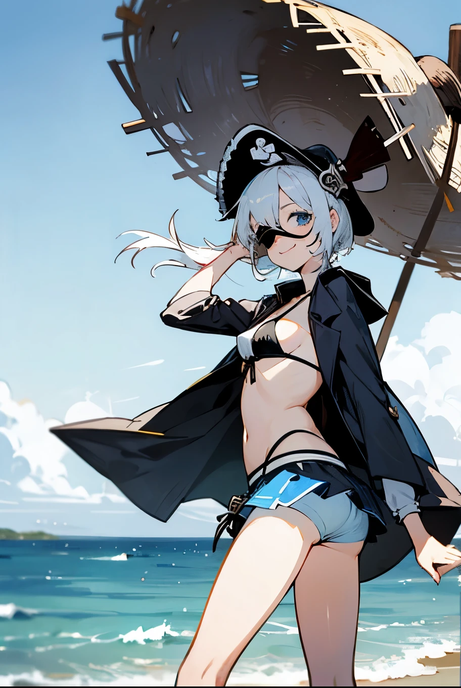 A short white-haired girl, wearing a straw hat, a pirate eye patch, blue eyes, a bikini, a skirt, a coat, shorts, smiling, cute, on the sunny, windy seaside, focus on the right eye patch.