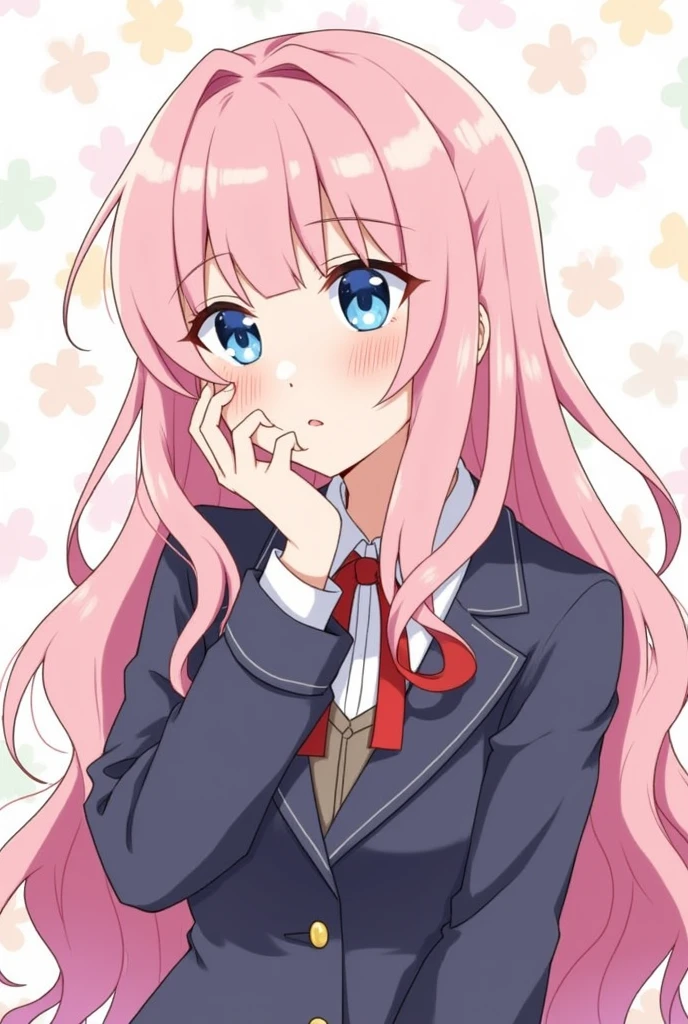 1 woman of 18,  Wavy pink hair that ends at the waist、clear blue eyes. blushed. Eyebrows visible through hair, Face-to-face hearing, hair between the eyes, Put your hand on your cheek, pastel colored hair, long hair, School blazer, long sleeve sword