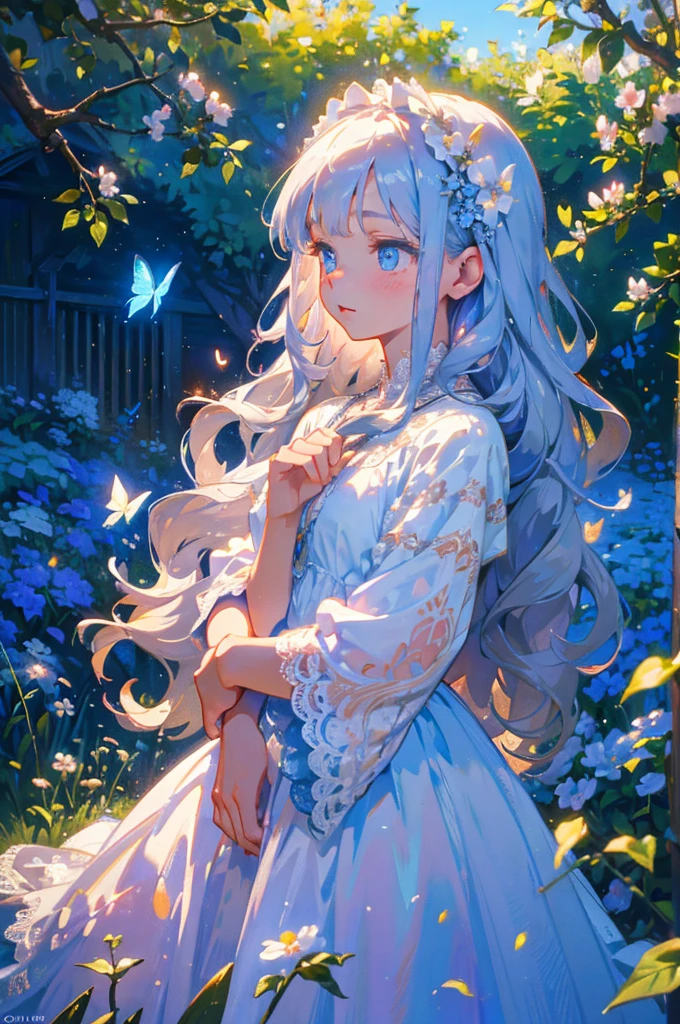a young girl in a white lace dress, long blue wavy hair, cute, adorable, in a small village, holding a butterfly net, butterflies, flower field, natural light, detailed face, beautiful eyes, delicate features, soft colors, serene atmosphere, high quality, detailed, photorealistic, photo-realistic:1. 37, 4k, ultra-detailed, extremely detailed, hyperrealistic, highly detailed, masterpiece:1.2, vibrant colors, natural lighting, cinematic, dramatic, fantastic, magical, surreal.