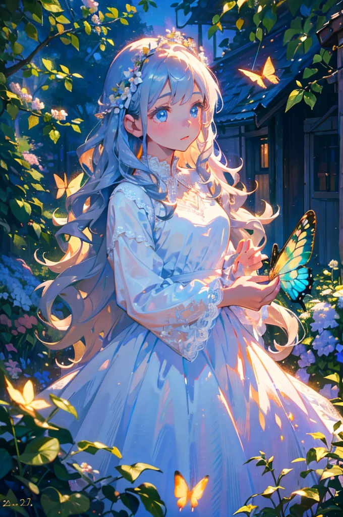 a young girl in a white lace dress, long blue wavy hair, cute, adorable, in a small village, holding a butterfly net, butterflies, flower field, natural light, detailed face, beautiful eyes, delicate features, soft colors, serene atmosphere, high quality, detailed, photorealistic, photo-realistic:1. 37, 4k, ultra-detailed, extremely detailed, hyperrealistic, highly detailed, masterpiece:1.2, vibrant colors, natural lighting, cinematic, dramatic, fantastic, magical, surreal.