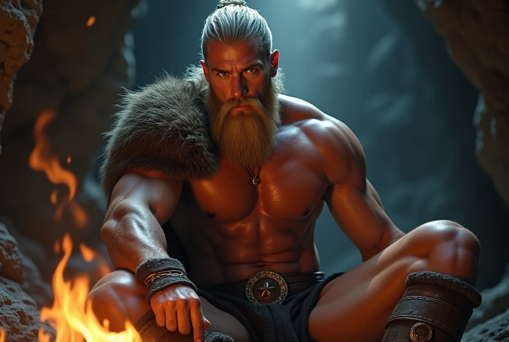 ((viking, handsome man, 35 years old, Whole body, silver hair, manly face, yellow beard, blue eyes, short hair, muscled body, pectoral display, chest hair.)) ((CLOTHES: Small and bulging thong, viking armor.)) ((Posture: sitting in a sexy way, seductive look, open legs, huge lump.)) ((scene: in a dark cave, in front of a bonfire.))