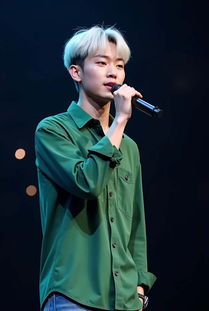 a 20 year old Korean young man with black eyes and a perfect face, very handsome, super short white hair, mature appearance, dressed in a green shirt, jeans, on a stage holding a microphone close to his mouth (perfect ultra 8k resolution)