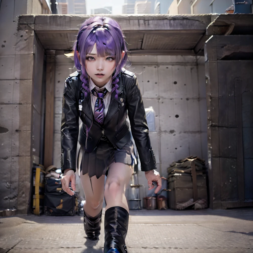 photo realistic, masterpiece, realistic, high contrast, hyper detailed, best quality, ultra high res, photo realistic, high resolution, detailed, raw photo, kirigiri kyoko, Long hair, Purple hair, Side braid, Blunt bangs, Hair Ribbon, a black ribbon, High collar, Brown tie, black motorcycle jacket, Long sleeves, Black Gloves, Black mini skirt, Pleated skirt, Black long boots, Full Shot, Danganronpa \(Series\), Street, Full Shot, Looking at Viewer, White shirt, woman, (((from below))), busy city, foreshortening, (seductive pose), looking at viewer, mad, (eye contact), japanese girl,