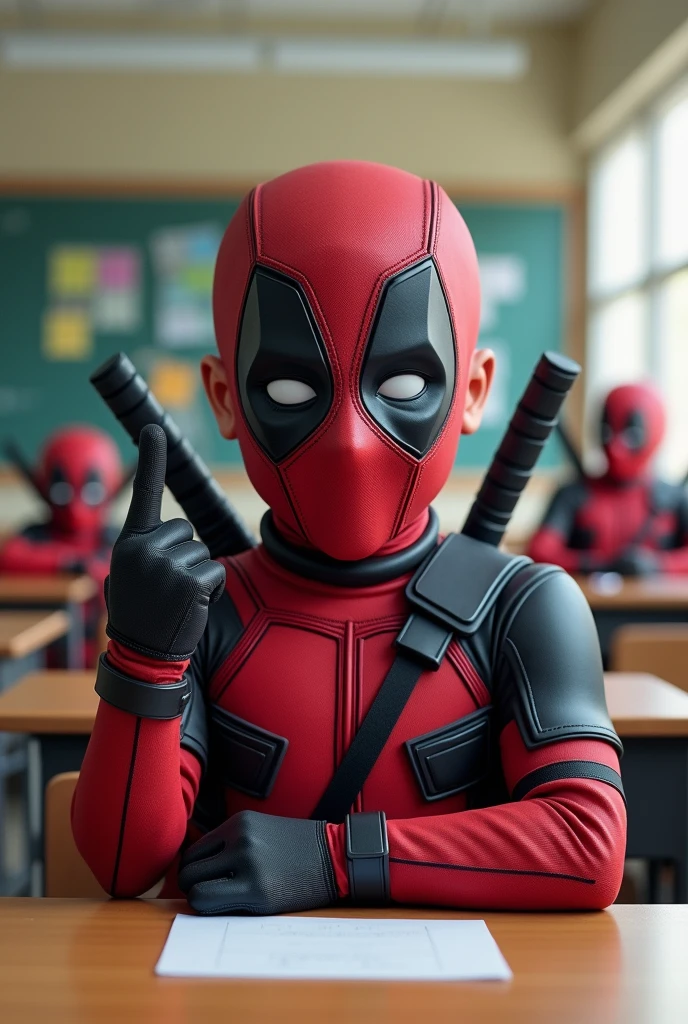 Boy Deadpool is sitting in the classroom, showing middle finger