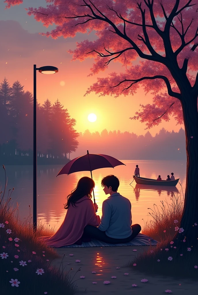 A romantic evening stroll on a beach, the sun setting over the horizon, and the couple holding each other close.Two people sharing a cozy moment under a blanket, sitting by a campfire in a winter forest.A pair of lovers enjoying a boat ride on a calm lake surrounded by cherry blossom trees.A couple standing under a single streetlamp in the rain, sharing a tender kiss.A serene garden path lined with blooming flowers, where a couple walks hand in hand.A rainy city street at night, with a couple holding an umbrella, the city lights reflecting off the wet pavement.A sunset walk through a field of tall grass, the sky painted in warm hues, with a couple walking barefoot.A quiet, snow-covered park where a couple walks together, their breath visible in the cold air.A couple sharing a quiet moment on a rooftop, watching the city lights twinkle in the night.