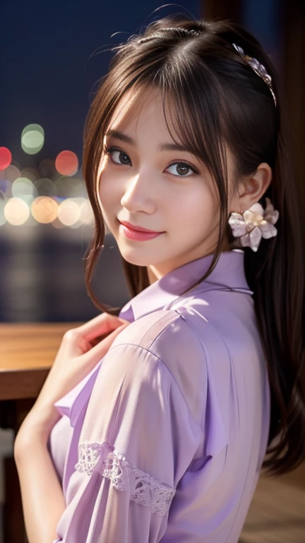 1 girl,(Wearing a lilac blouse:1.2),(Raw photo, highest quality), (realistic, Photoreal:1.4), table top, Very delicate and beautiful, very detailed, 2k wallpaper, wonderful, In detail, Very detailed CG Unity 8K wallpaper, very detailed, High resolution, soft light, Beautiful detailed girl, very detailed目と顔, beautifully detailed nose, detailed and beautiful eyes,Cinematic lighting,night city lights,perfect anatomy,Slender body,smile