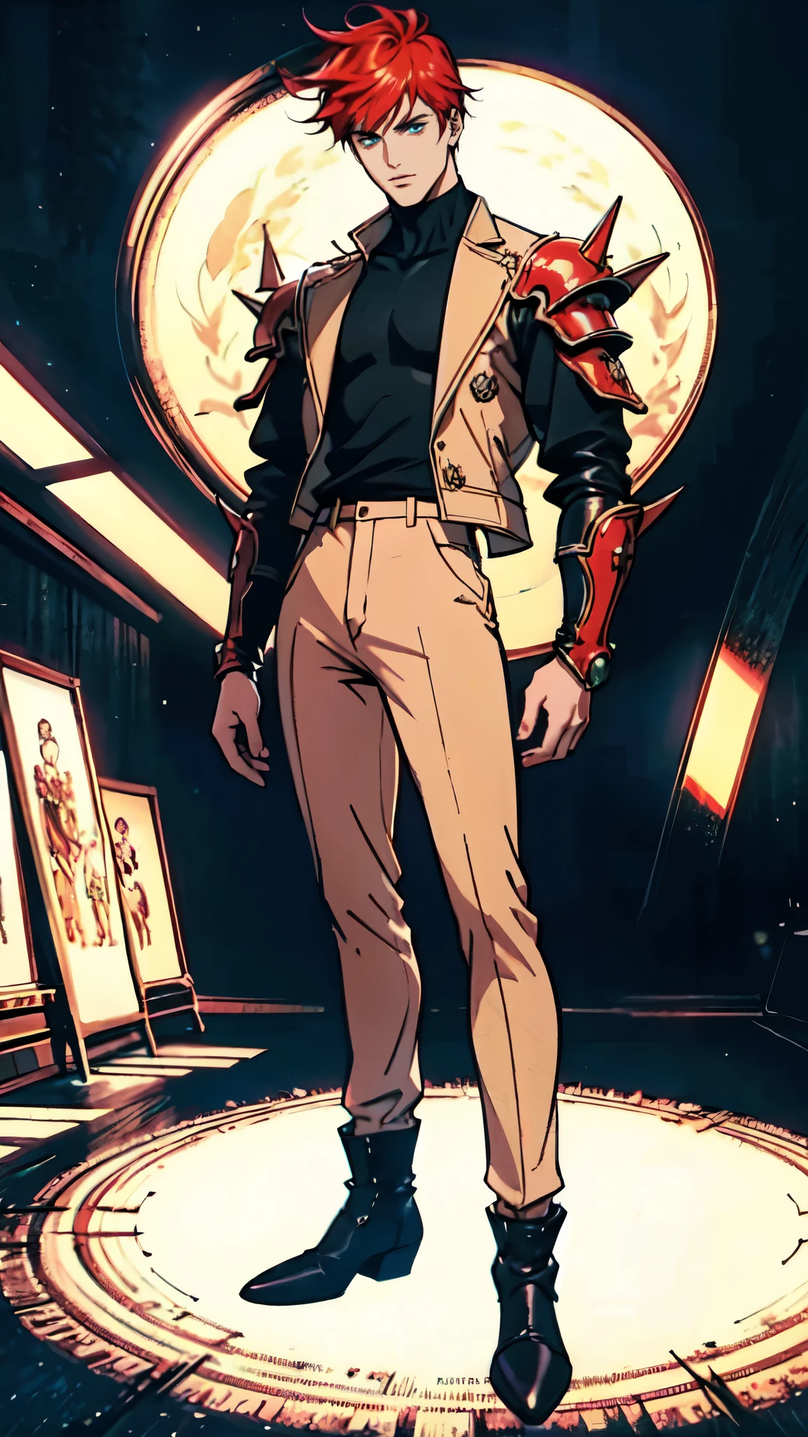 (masterpiece:1.2, best quality:1.2, extremely delicate:1.2), ((male:1.5)), a man with spiky short orange-red hair, side-parted bangs, a calm gaze, a faint smile, a mature and handsome face, dark skin, a tall and muscular build, a bare upper body, several strips of leather armor wrapped around his left shoulder and chest, wrist guards, loose beige cargo pants, standing in a massive circular arena, this character embodies a finely crafted fantasy-realist style gladiator in anime style, exquisite and mature manga art style, dramatic, high definition, highres, ultra-detailed, ultra-fine painting, professional, perfect body proportions, golden ratio, anatomically correct, symmetrical face, extremely detailed eyes and face, high quality eyes, creativity, RAW photo, UHD, 32k, Natural light, cinematic lighting, (masterpiece-anatomy-perfect:1.2)
