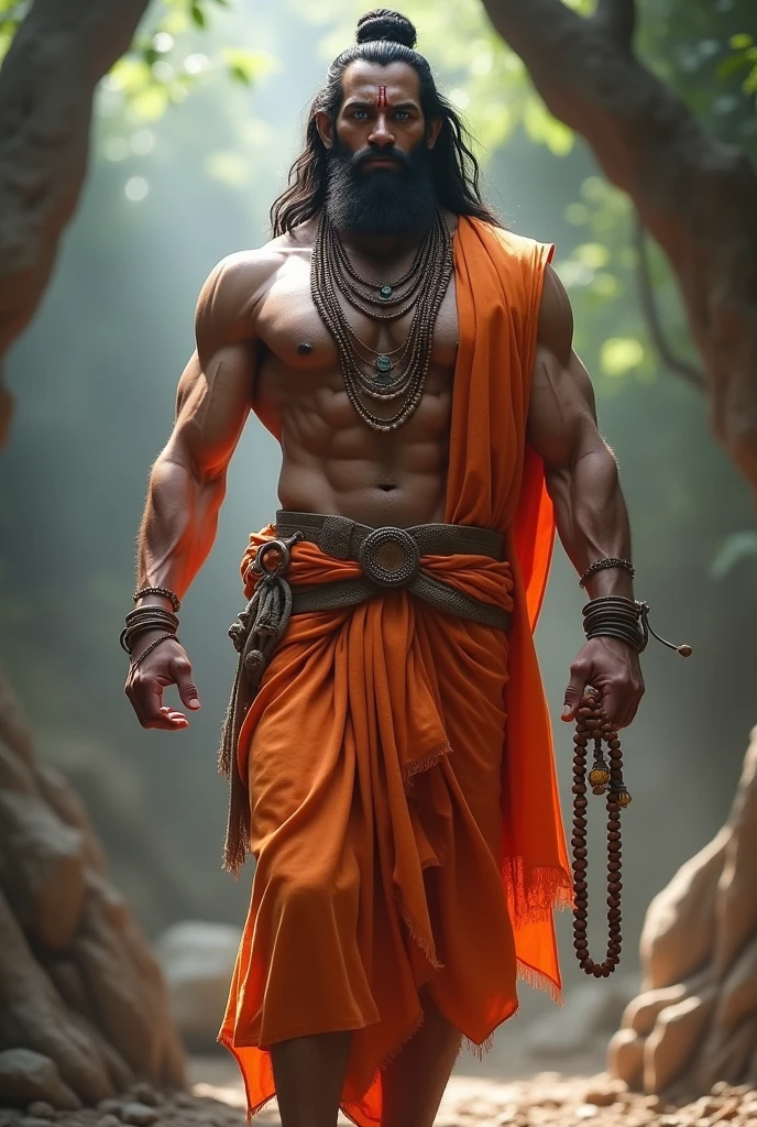 Create a lord Hanuman attitude 
full HD powerful image. Blue eyes and six pack background blur. Full body Hanuman. Cloth orange color. Gale mein Rudraksh and hand mein Rudraksh.