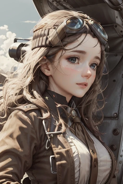 High resolution, Ultra-detailed, Highly detailed CG Unity 8k wallpaper, Realistic, Photorealistic, RAW Photos, Beautifully detailed face, Pale skin, Realistic glowing skin, Detailed cloth texture, Detailed hair texture, Perfect body, Beautiful Face, Accurate, Anatomically correct, Highly detailed face and skin texture, Natural neck length, (Beautiful Hands), (Fair skin:1.2), break, 1 beautiful girl, WWI pilot, (Beautiful Hands), Very_beautiful_face, very_beautiful_eyes, even_eyes, reading letter, standing beside the plane