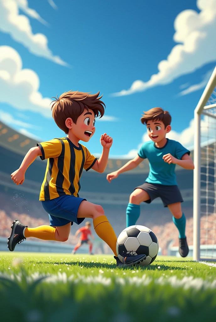 Makes an image of a brown-haired boy with a yellow and black striped shirt scoring a goal against the goalkeeper and passing it between the goalkeeper's legs