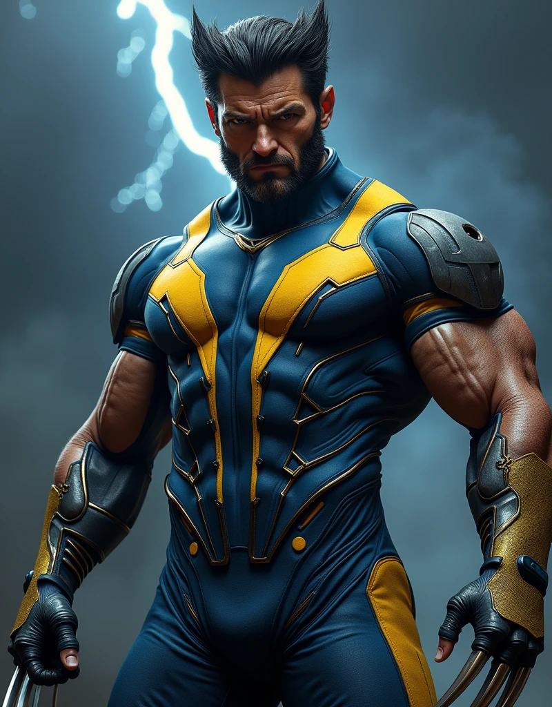 "A hyperrealistic image in the style of modern Marvel Comics, depicting Wolverine in 2024. He is wearing a sleek and modern blue and yellow suit with high-tech details, including reinforced padding and subtle glowing lines. The deep blue contrasts with bold, golden yellow accents on his chest, shoulders, and gloves. Wolverine is in a dynamic and powerful pose, his metallic claws fully extended, with a fierce and determined expression that exudes power and confidence. His muscular build is highlighted by the tight-fitting suit. The background features a dark, stormy environment with lightning illuminating the scene, adding intensity to the image. The overall style is gritty and detailed, capturing Wolverine's imposing presence."
