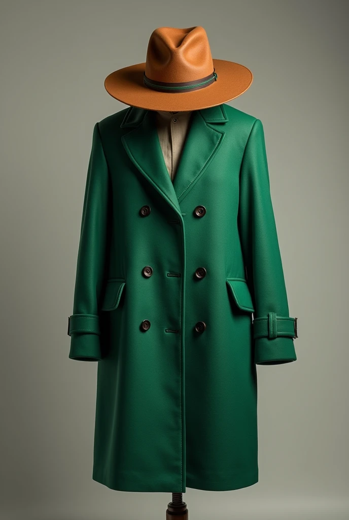 A green colour coat and a brown hat on the stand/rack