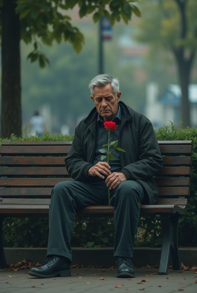 A man sitting on the bench sad with a rose in his hand
