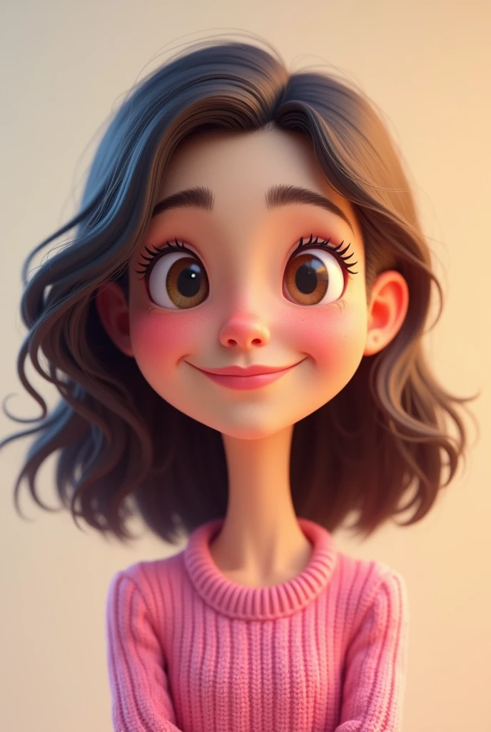 3d cartoon caricature,a 20 years old girl with medium long hair, looking at the camera the head is slightly tilted to the left,wearing pink sweater,deepth detailed,8k hd