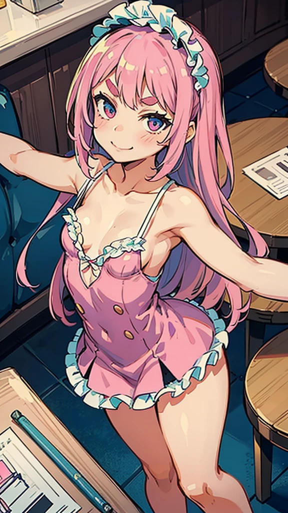Girl with pink hair, long double-tailed hairstyle, ((small pink bushy eyebrows)), wearing ta clothing, marked vagina, loli(Zankuro) drawing style by zankuro artist, Zancro style, image uploaded to R34, flirty smile , ((showing the pubes)) in a restaurant, facing the camera, camera from above, looking with a very flirtatious face, with her breasts out, inviting to have sex with her legs open, stretching her hands to be taken in her arms